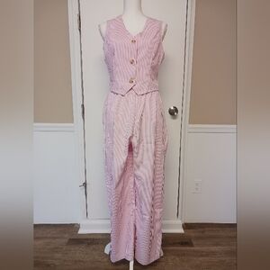 Striped V-Neck Sleeveless Button Front Top & Pants Set Size L